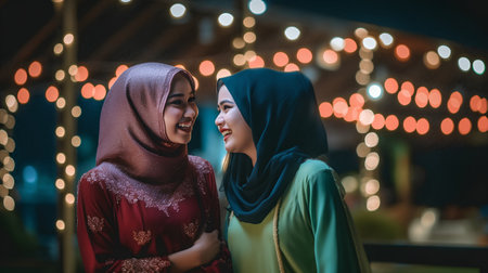 Muslim woman and her friend in traditional dress with bokeh backgroundの素材