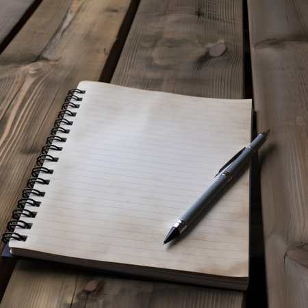 Blank notebook with pen on wooden table, ready for your messageの素材