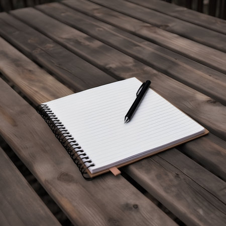 Notebook and pen on a wooden table. Selective focus.の素材