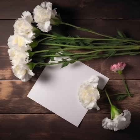 Bouquet of white carnations and card on a wooden backgroundの素材
