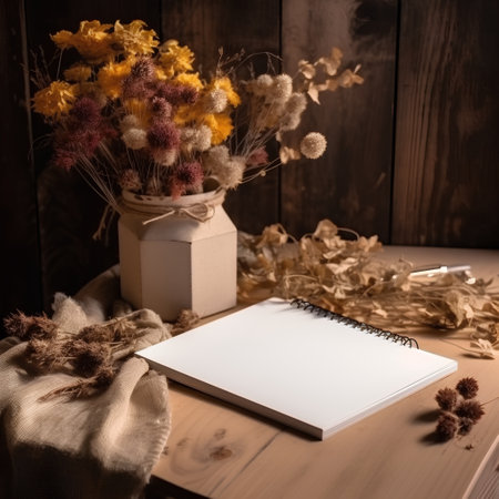 Dried flowers in a vase and notebook on a wooden backgroundの素材