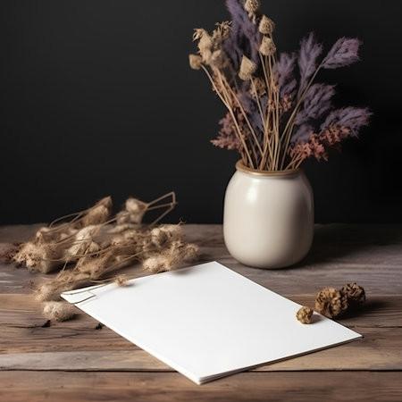 Dried flowers in vase and blank paper on wooden table.の素材