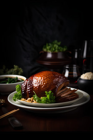 Roast duck with vegetables and rice on a wooden table. Dark background.の素材