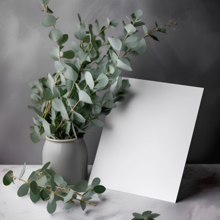 Eucalyptus branches in vase and blank card on grey backgroundの素材