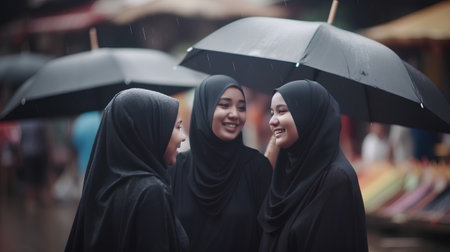 Muslim women with black umbrella at the street in rainy day, Thailandの素材