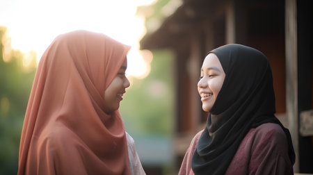 Muslim woman with hijab and her friend looking at each other with smileの素材