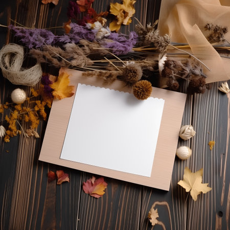 Autumn background with dried flowers and empty card for your text.の素材