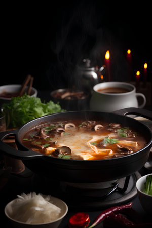 Mushroom soup in a pot on the table with chopsticksの素材