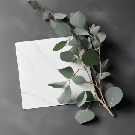 Eucalyptus branch with leaves and blank card on black backgroundの素材