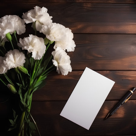 White carnation flowers and blank card with pen on dark wooden backgroundの素材