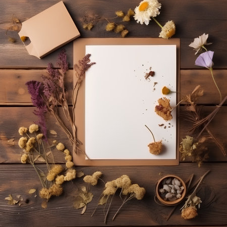 Greeting card mockup with dried flowers on brown wooden backgroundの素材