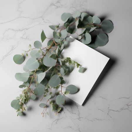 Eucalyptus branches with leavesle background. Flat lay, top viewの素材