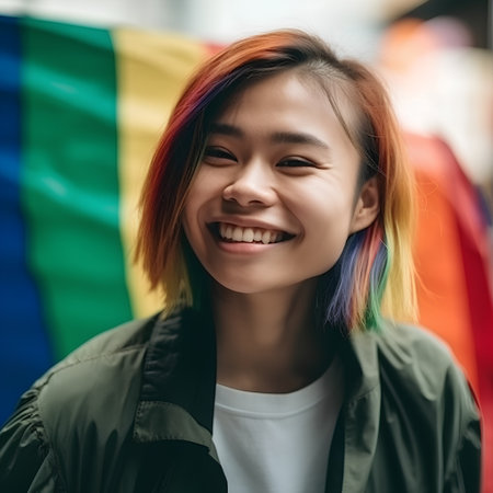 Portrait of a beautiful young asian woman with rainbow hair smilingの素材