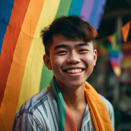 Portrait of a young asian man smiling with rainbow flag in the backgroundの素材