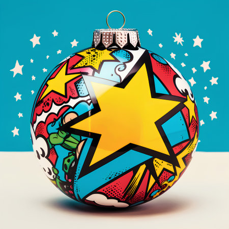 Colorful Christmas ball on blue background with stars and snowflakesの素材