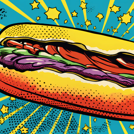 Vector illustration of fast food. Hand drawn hot dog sandwich on colorful background.の素材