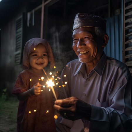 Grandfather and grandson with sparklers in their hands in the villageの素材