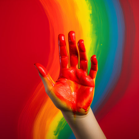Child's hand painted with colorful paint on a background of a rainbowの素材