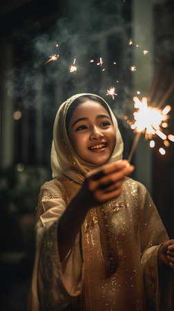 Portrait of a beautiful asian muslim woman holding sparklersの素材