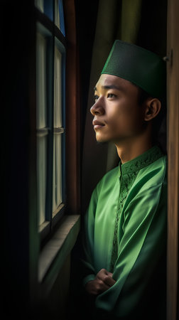 Portrait of a young muslim man in traditional clothing standing by the windowの素材