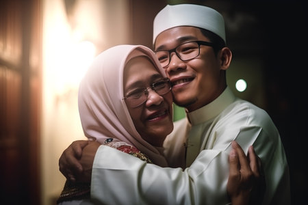 Portrait of happy muslim couple embracing each other in the mosqueの素材