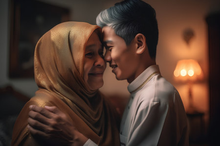 Portrait of Asian muslim couple embracing at home. Muslim family concept.の素材
