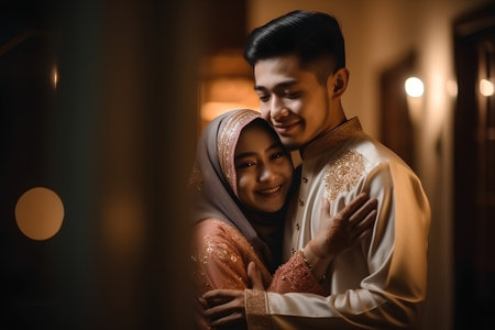 Portrait of a beautiful asian muslim couple embracing each otherの素材