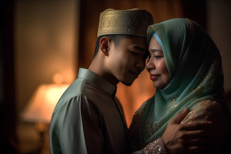 Muslim couple celebrating Eid al-Fitr in the living room at homeの素材