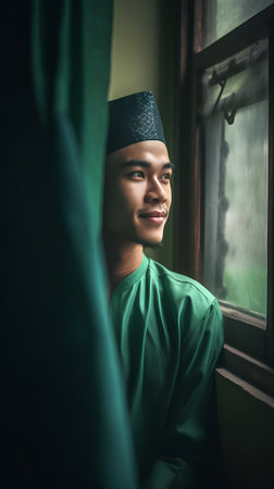 Portrait of young Asian muslim man praying inside the mosque.の素材