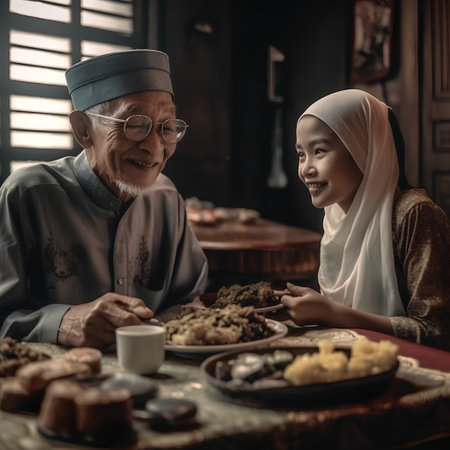 Elderly Muslim family sitting at the table and having a mealの素材