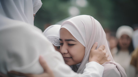 Muslim women praying at the mosque. Religious holiday Eid Mubarak concept.の素材