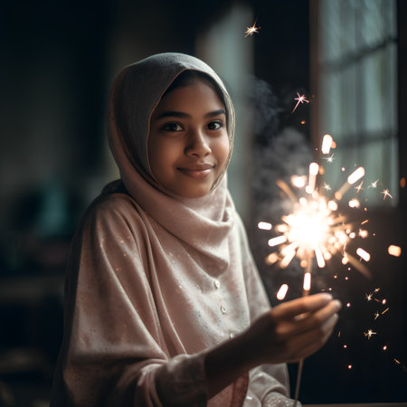 Portrait of young muslim woman holding sparklers and looking at cameraの素材
