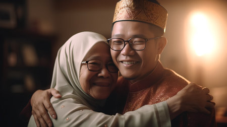 Portrait of asian muslim couple hugging and looking at cameraの素材