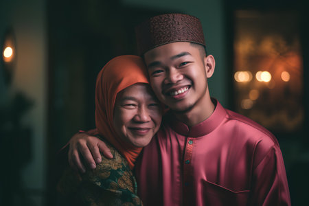 muslim couple celebrating eid mubarak together in the mosqueの素材