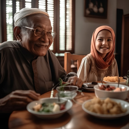 Portrait of a muslim family having a meal at a restaurantの素材