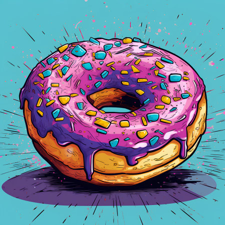 Vector illustration of donut with pink glaze and sprinkles.の素材
