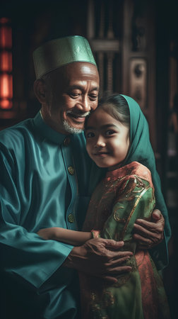 Portrait of an old muslim man with his granddaughter in the mosqueの素材