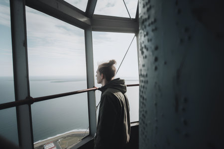 Young woman looking out the window of a cruise ship. Travel concept.の素材