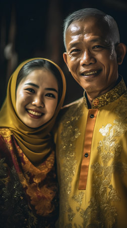 Portrait of a happy asian muslim couple wearing traditional clothesの素材