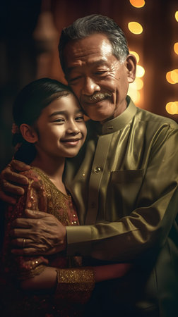 Portrait of a happy Asian family in traditional clothes embracing each otherの素材