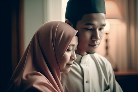 muslim couple praying at home during eid al adha celebrationの素材