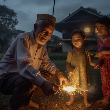 Elderly man and little girl with sparklers in their handsの素材