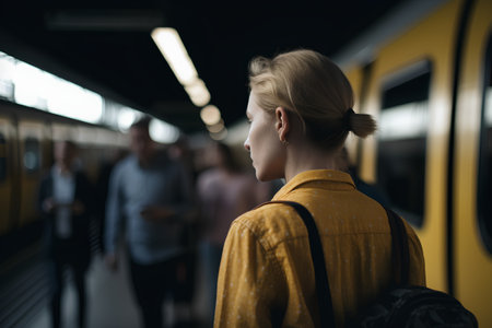 Young woman waiting for a train on the platform of a subway stationの素材