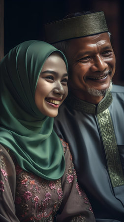 Portrait of happy muslim couple smiling at the camera while wearing traditional clothesの素材