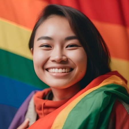 Portrait of a smiling young asian woman with rainbow flag.の素材