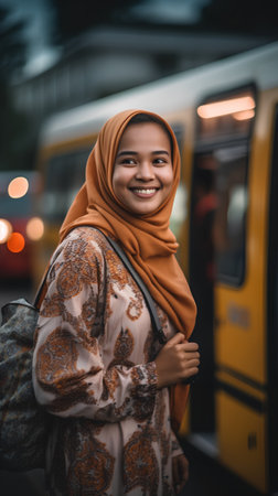 portrait of happy young muslim woman with hijab at train stationの素材