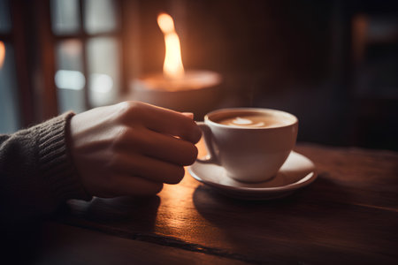 Cup of coffee on a wooden table in a cafe. Woman's hand holding a cup of coffeeの素材
