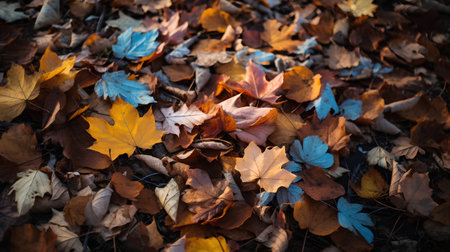 Autumn leaves. Colorful autumn leaves on the ground. Selective focus.の素材