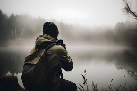Photographer with camera on a foggy lake in the autumn forestの素材