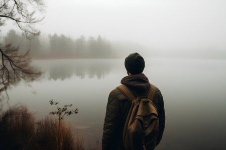 Young man in a hat with a backpack standing on the shore of a foggy lakeの素材